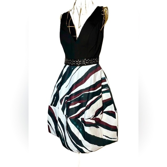 NWT Maslavi Jovani A-Line Black Striped Cocktail Dress, Beaded Waist & Pockets 4 - Picture 9 of 16